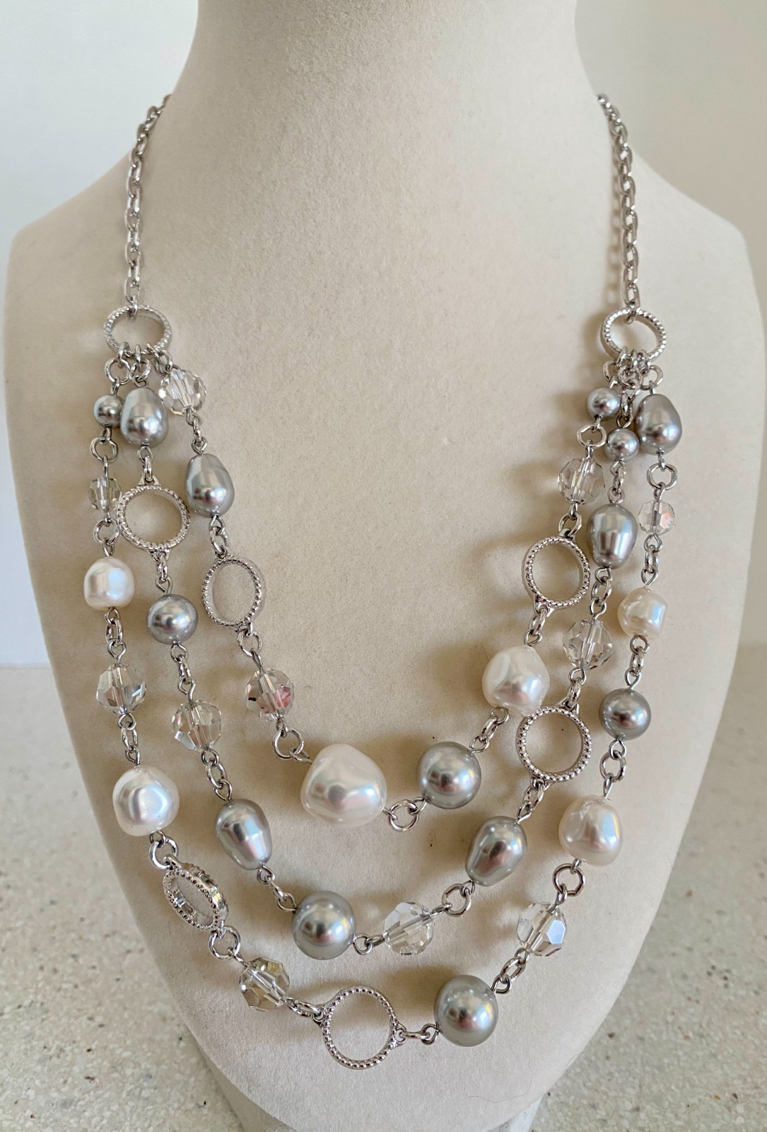 Touchstone South Seas Necklace Pearl & Crystal Layered Silver Tone Retired