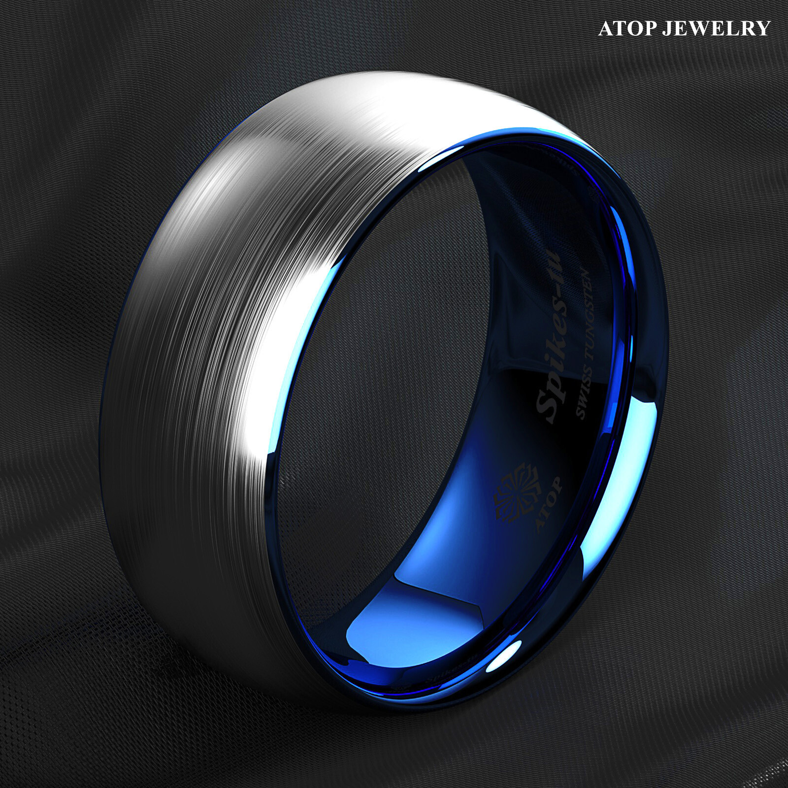 8mm Tungsten Carbide ring Silver Brushed Blue Inlay Wedding Band ATOP Men’s Ring