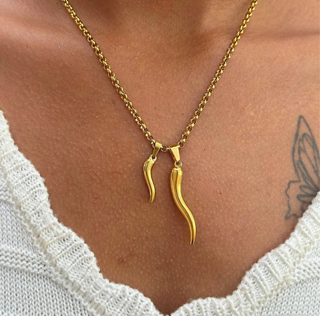 Italian Horn Charm, Mano Cornuto Gold Plated Cornetto Necklace, Cornicello Horn