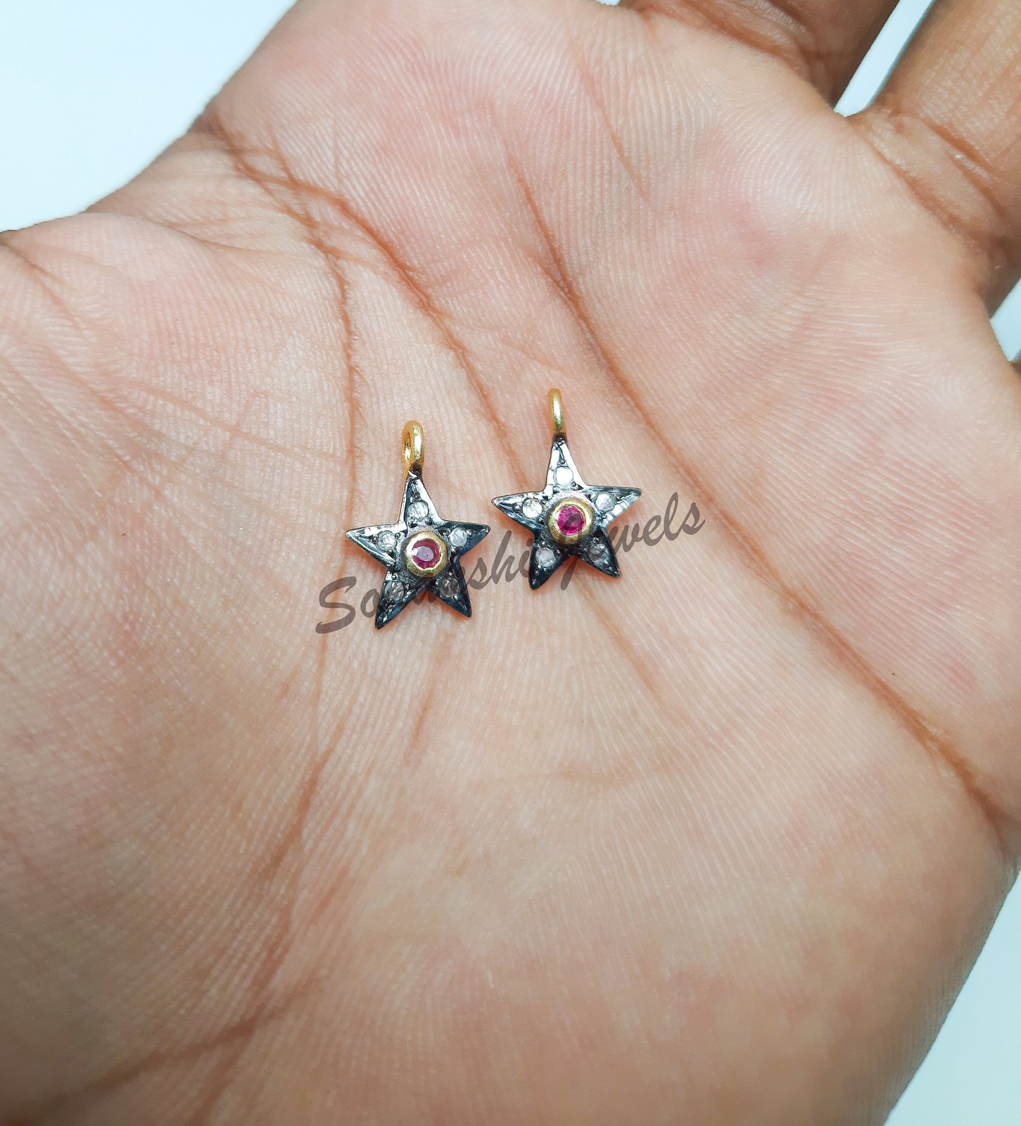 Handmade Diamond & Ruby Star Charm Pendant 925 Sterling Silver Pendant