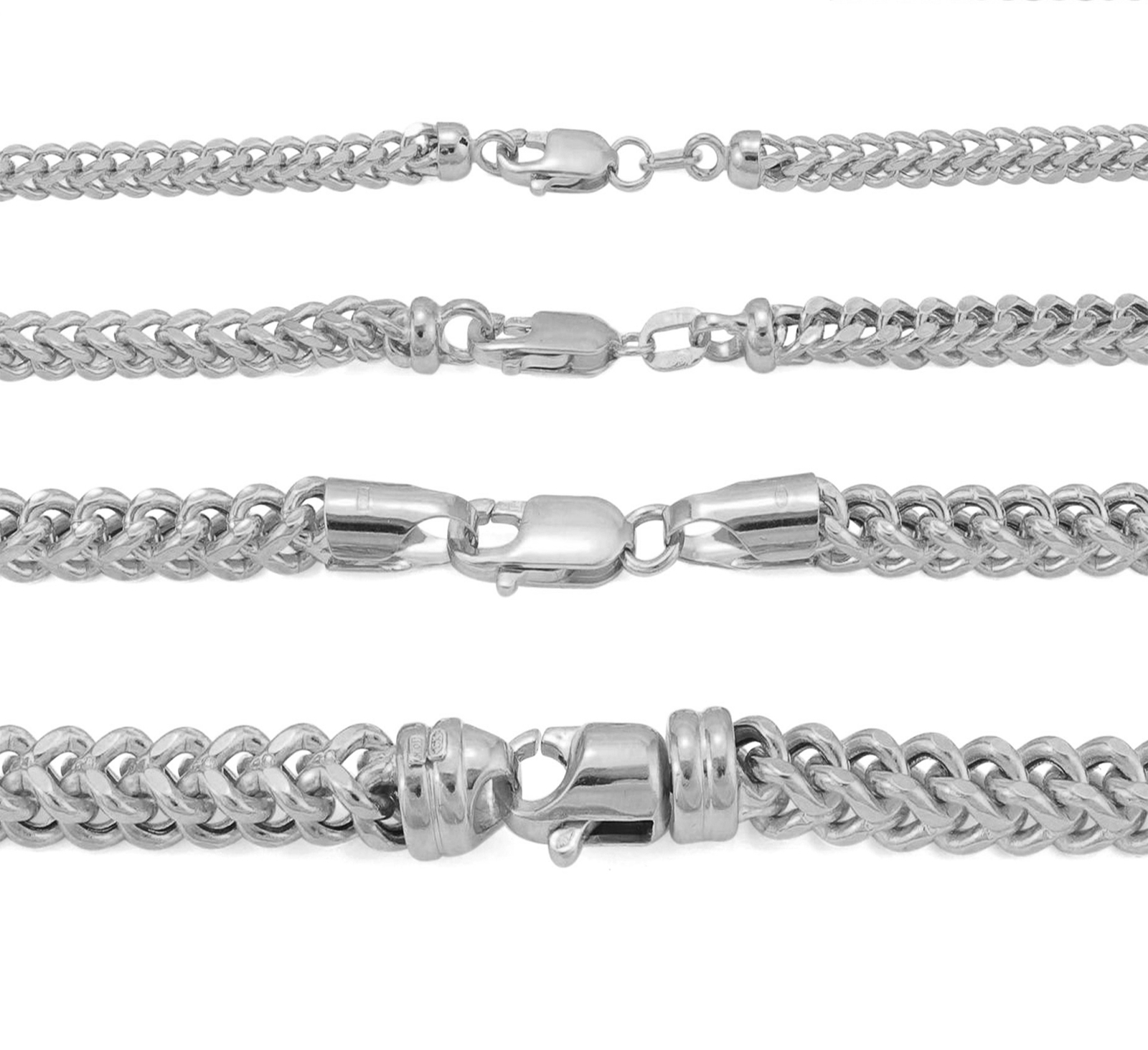 10K White Gold 1.5mm-3mm Square Wheat Box Franco Chain Pendant Necklace 16″- 30″
