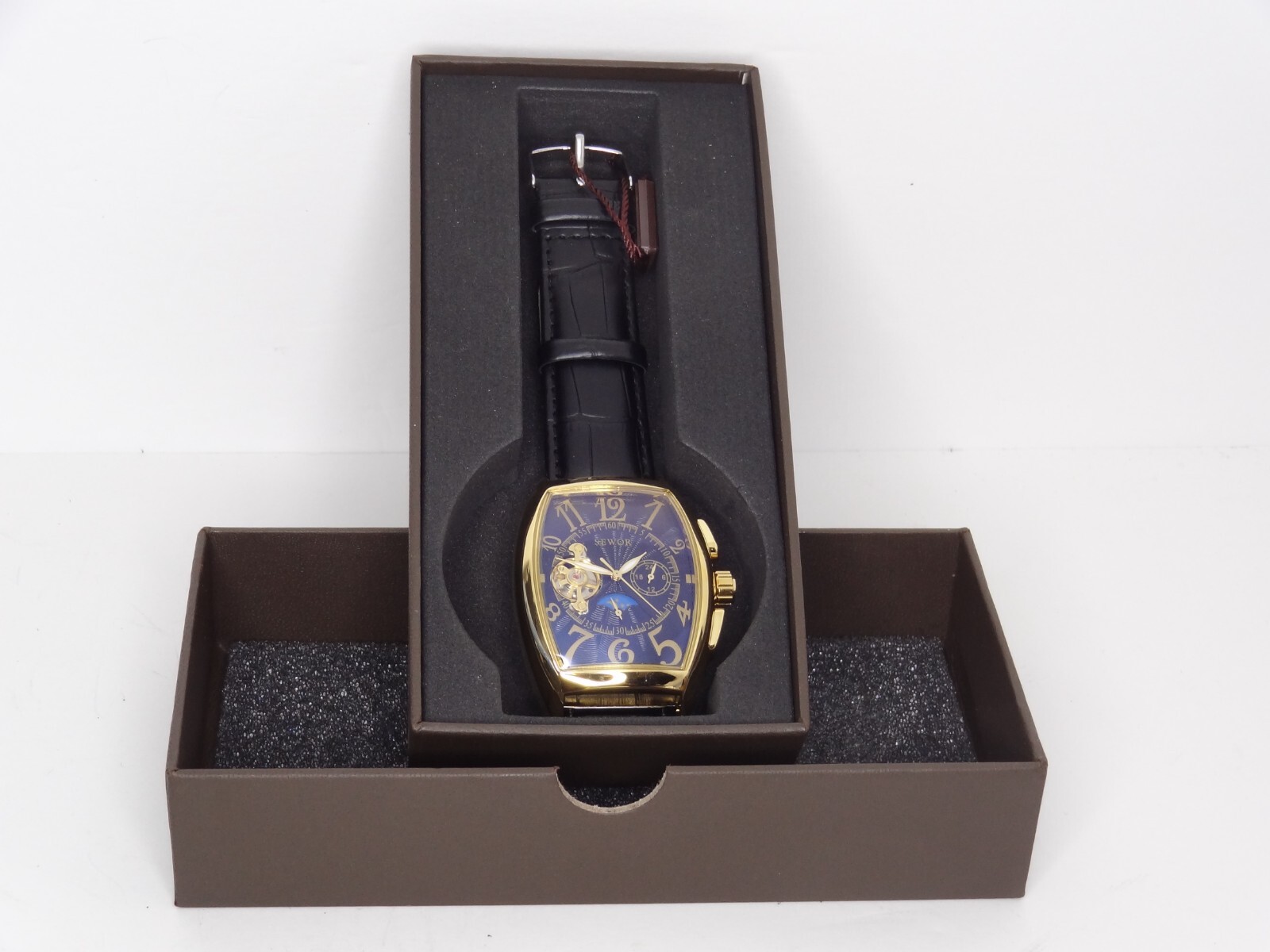 SEWOR Skeleton Watch Mechanical Automatic Self-Wind Leather Bracelet Moon Phase