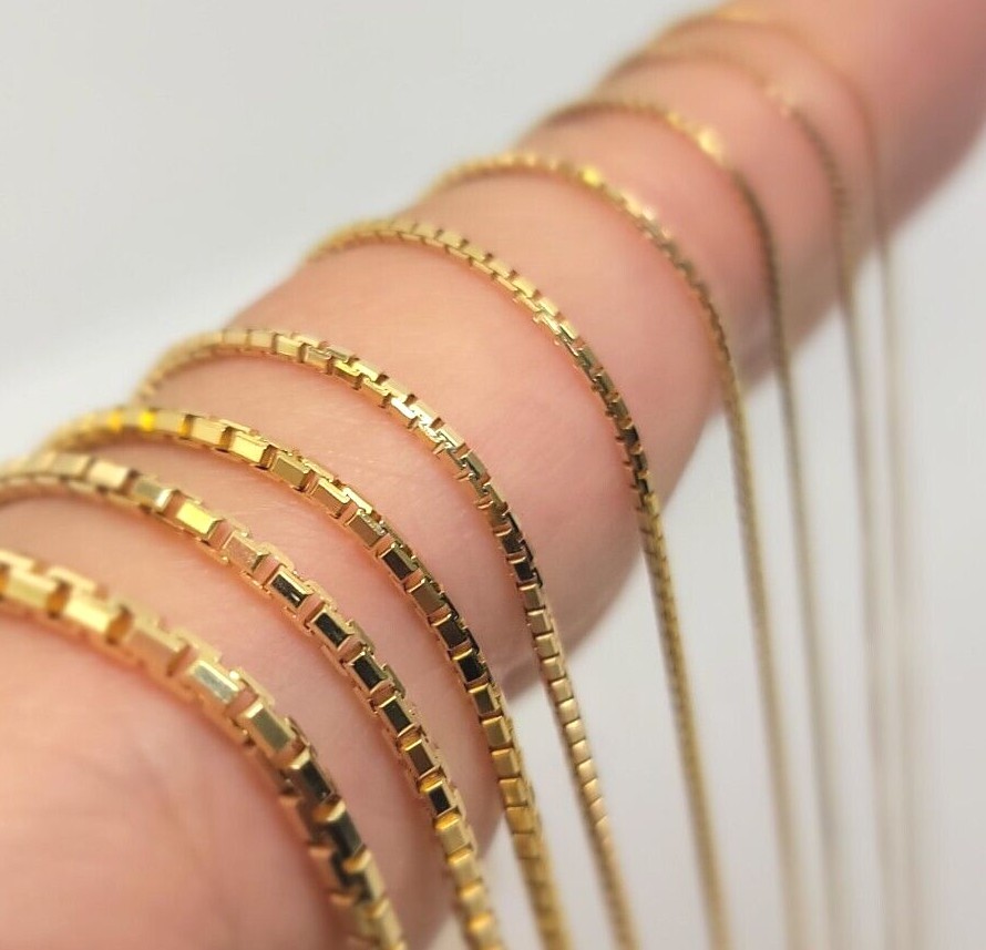 Authentic 14K Solid Yellow Gold Box Chain Necklace 0.55mm-0.9mm All Size 16″-24″