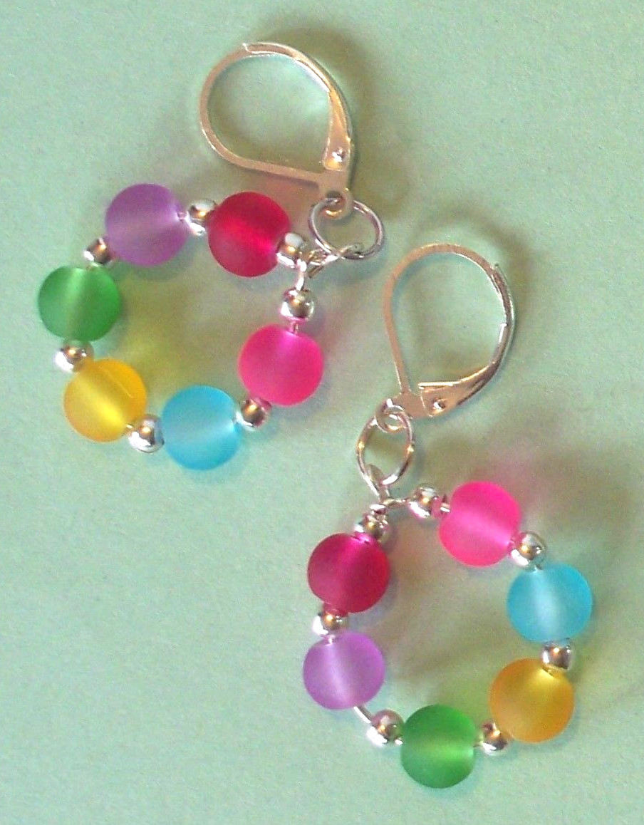 COLORFUL beach glass CRYSTAL earring HOOPS SP LEVERBACK handcrafted