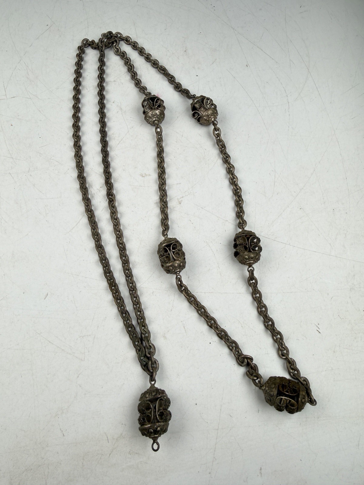Antique Southeast Asian Peranakan Filigree Station Necklace – Mixed Metal 24″