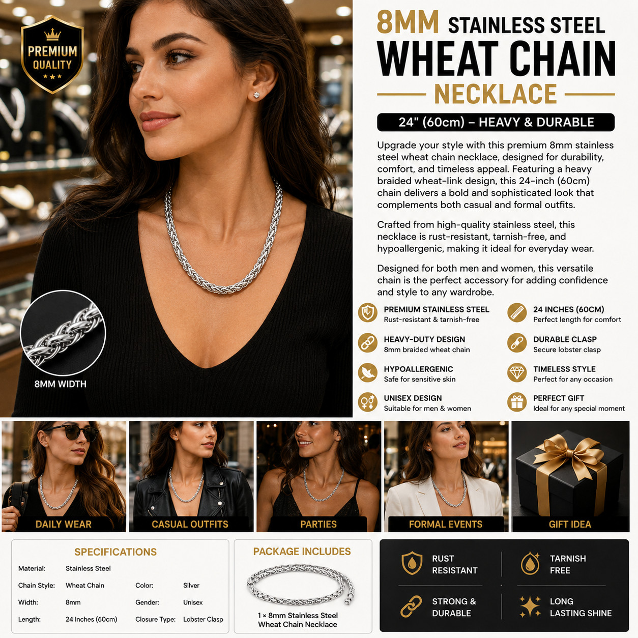 8mm Heavy Braided Wheat Chain for Men – 24” Stainless Steel Necklace | unisex