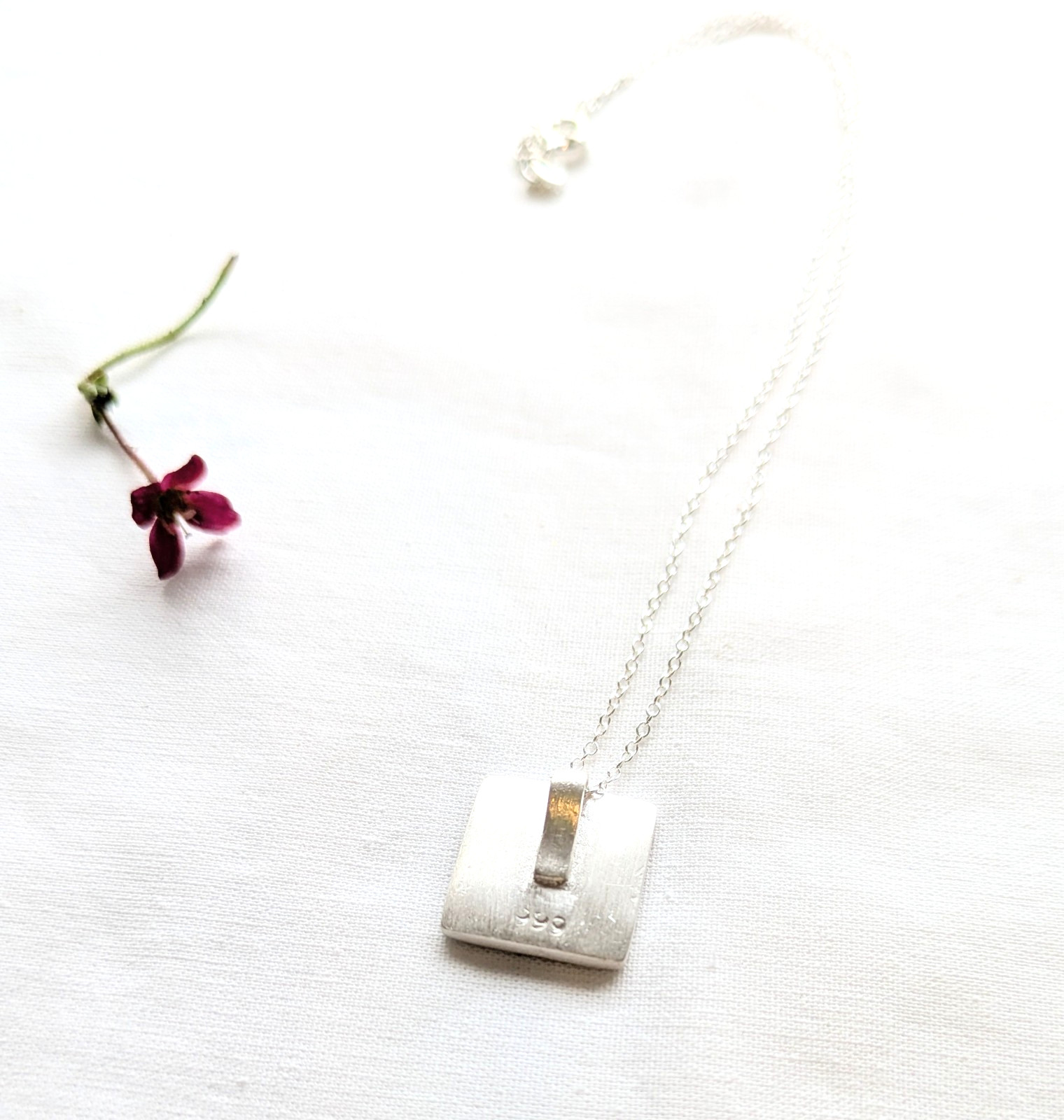 Handmade UK 999 Fine Silver Concentric Circles 15mm Square Pendant Necklace Gift