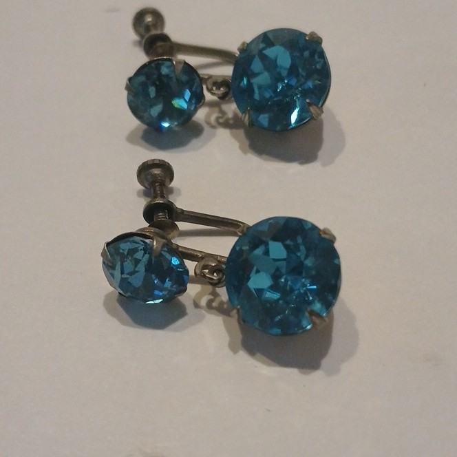 Blue Round Crystal Stud Earrings w/ Jacket, Screw Back, Prong Set, Metal