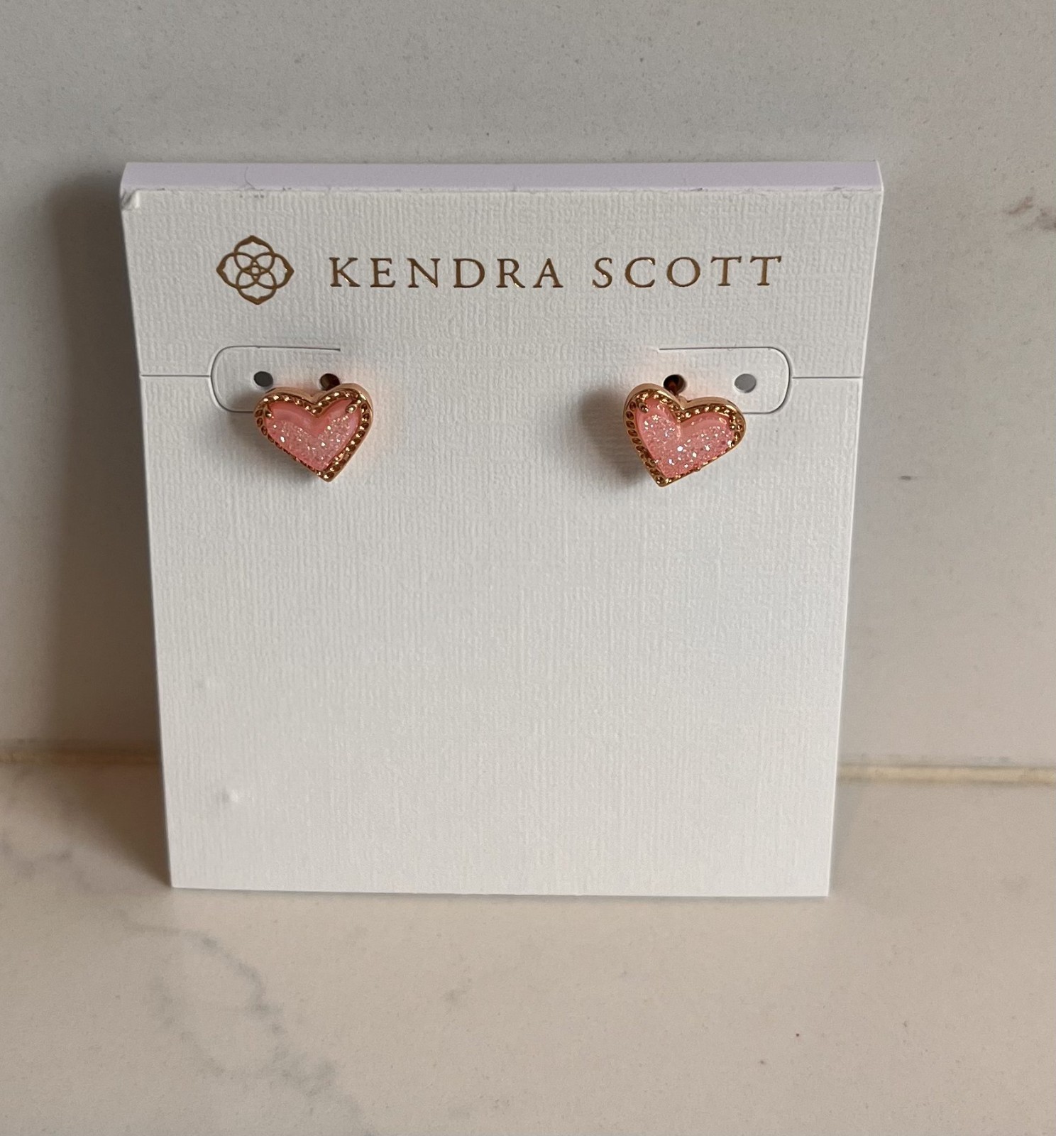 Kendra Scott Ari Light Pink Drusy Heart Stud Earrings in Rose Gold NWT