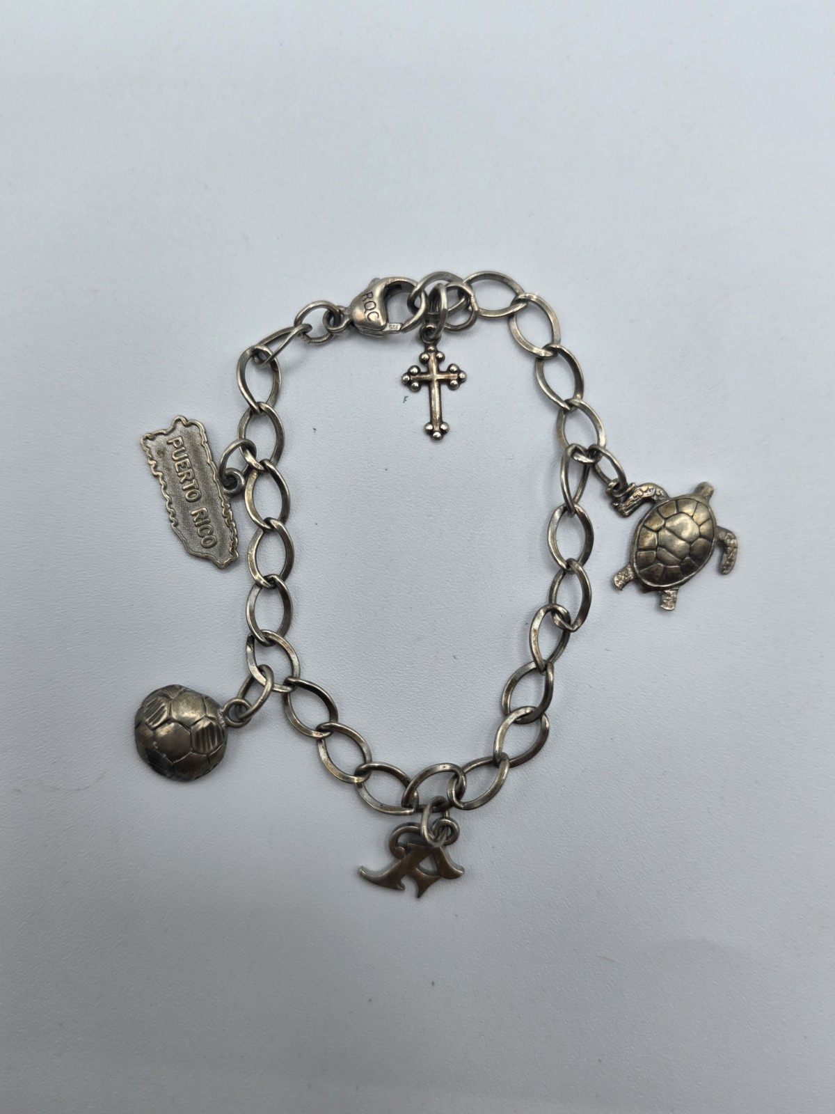 Vintage Sterling Silver Travel Charm Bracelet 7″ Puerto Rico Sea Turtle Cross…