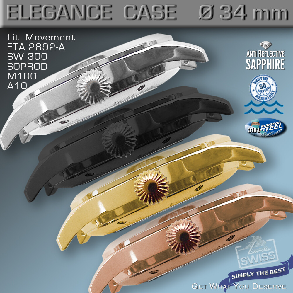 WATCH CASE ELEGANCE Ø 34mm, ETA 2892-A2, SW 300, M100, A10, ST, BL, GOLD, R-GOLD