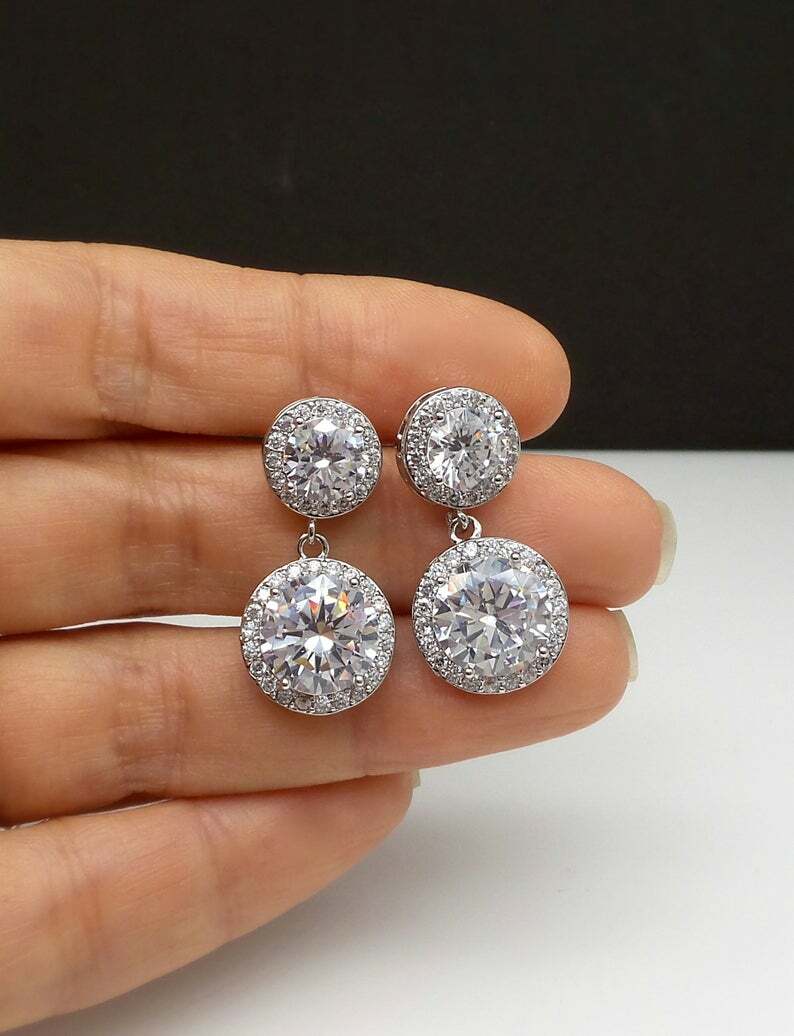 925 Sterling Silver CZ Round Cut Double Halo Drop Stud Earrings For Women