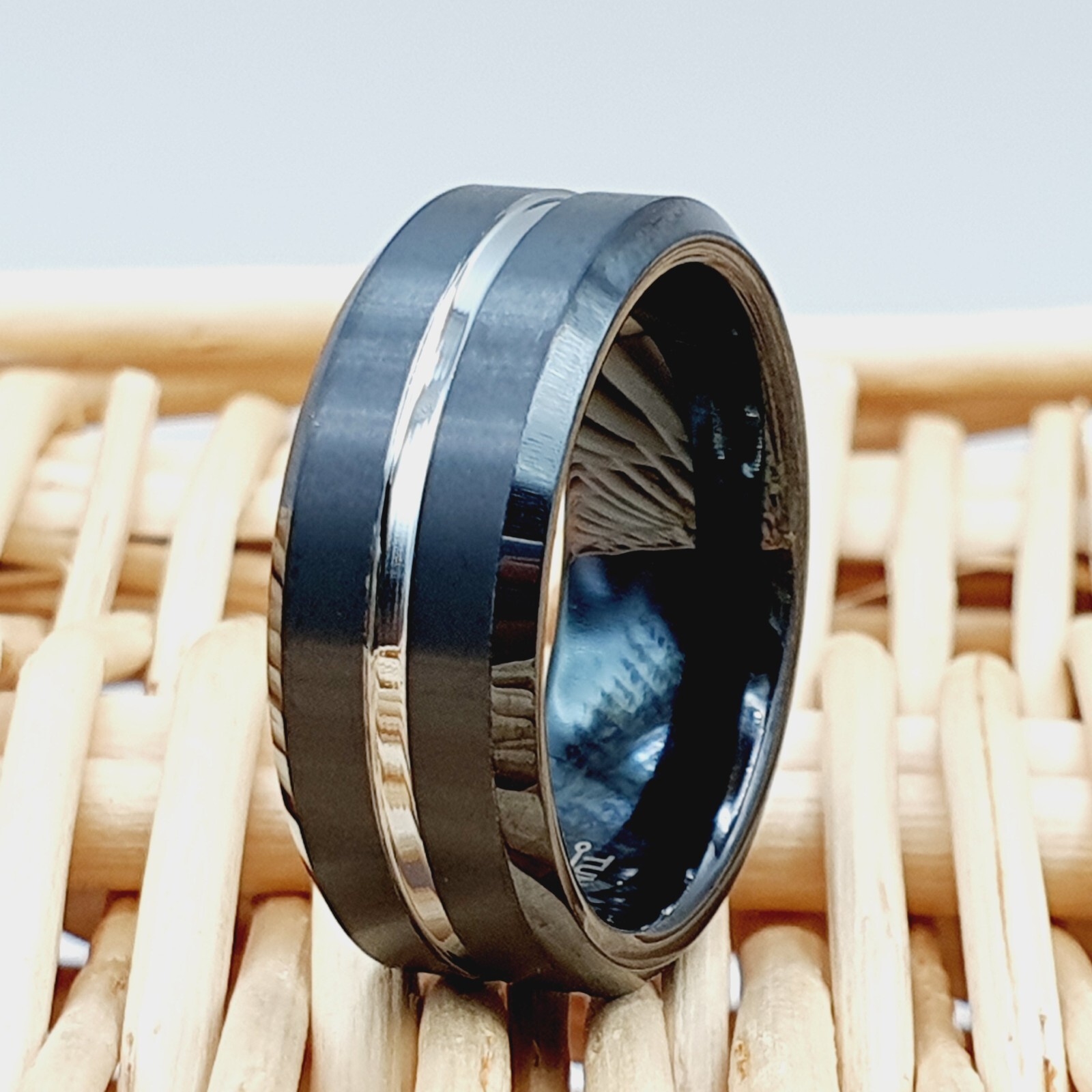 with Polished Silver inlay Men’s Wedding Band 8mm Black Brushed Tungsten Ring