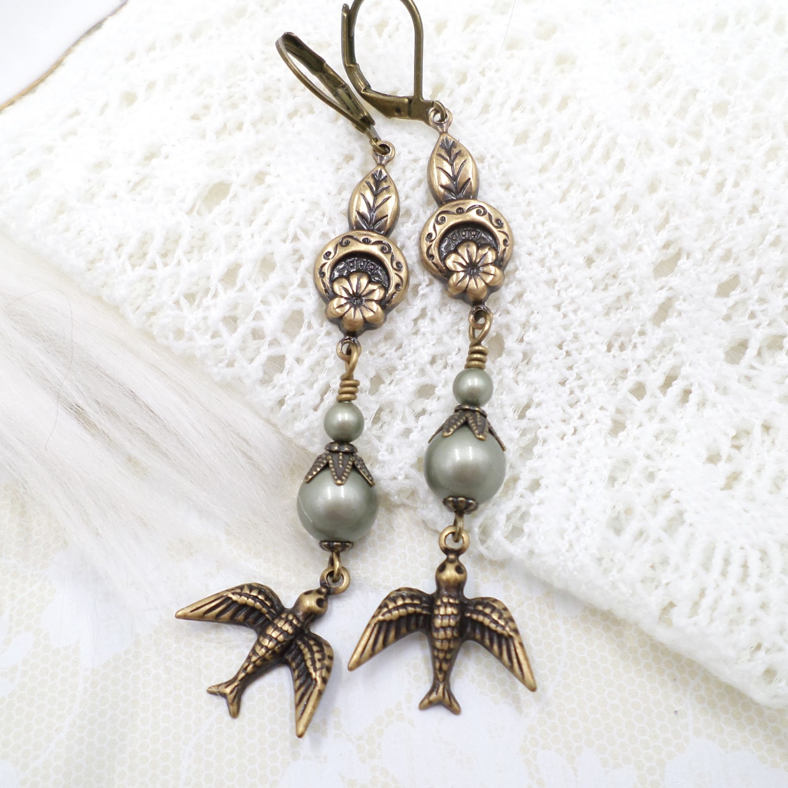 Brass Bird Earrings: Sage Green Pearl Floral Cottagecore Handmade Dangle Jewelry
