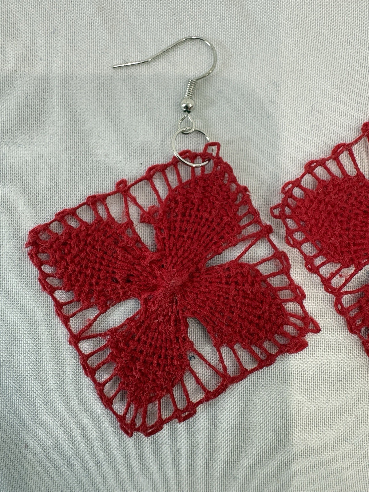 Handmade Red Thread Square Flower Dangle Earrings, French Wire Closure