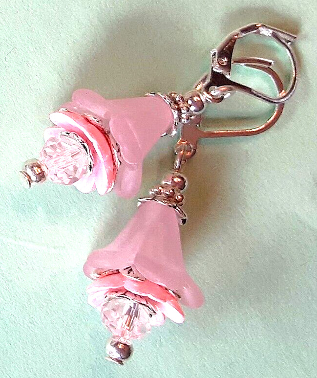 PINK Acrylic FLOWER Faceted ROSE Crystal earring SP LEVER BACK XX
