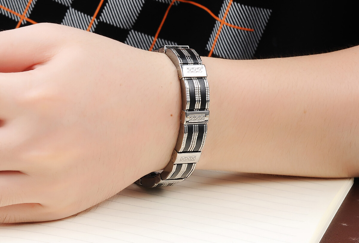 Men’s Black Silver Tone Silicone Rubber Stainless Steel Bracelet Chain Wristband