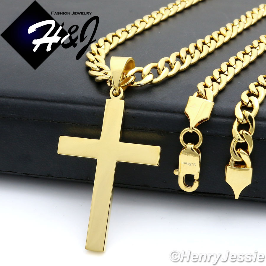 18″-40″Stainless Steel 7mm Gold Plated Cuban Curb Chain Plain Cross Pendant*GP64