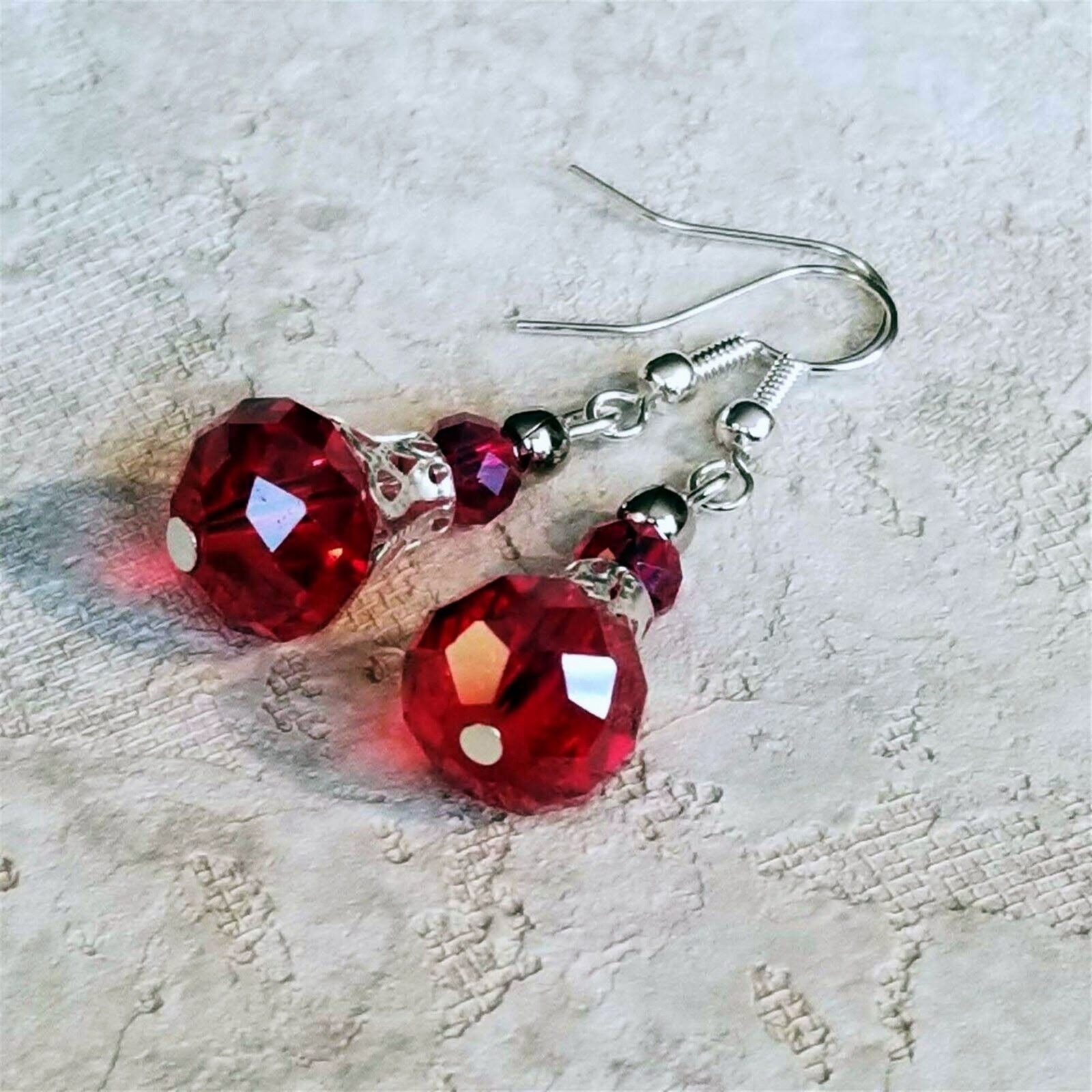 Victorian Red Crystal Silver Filigree Basket Handcrafted Earrings