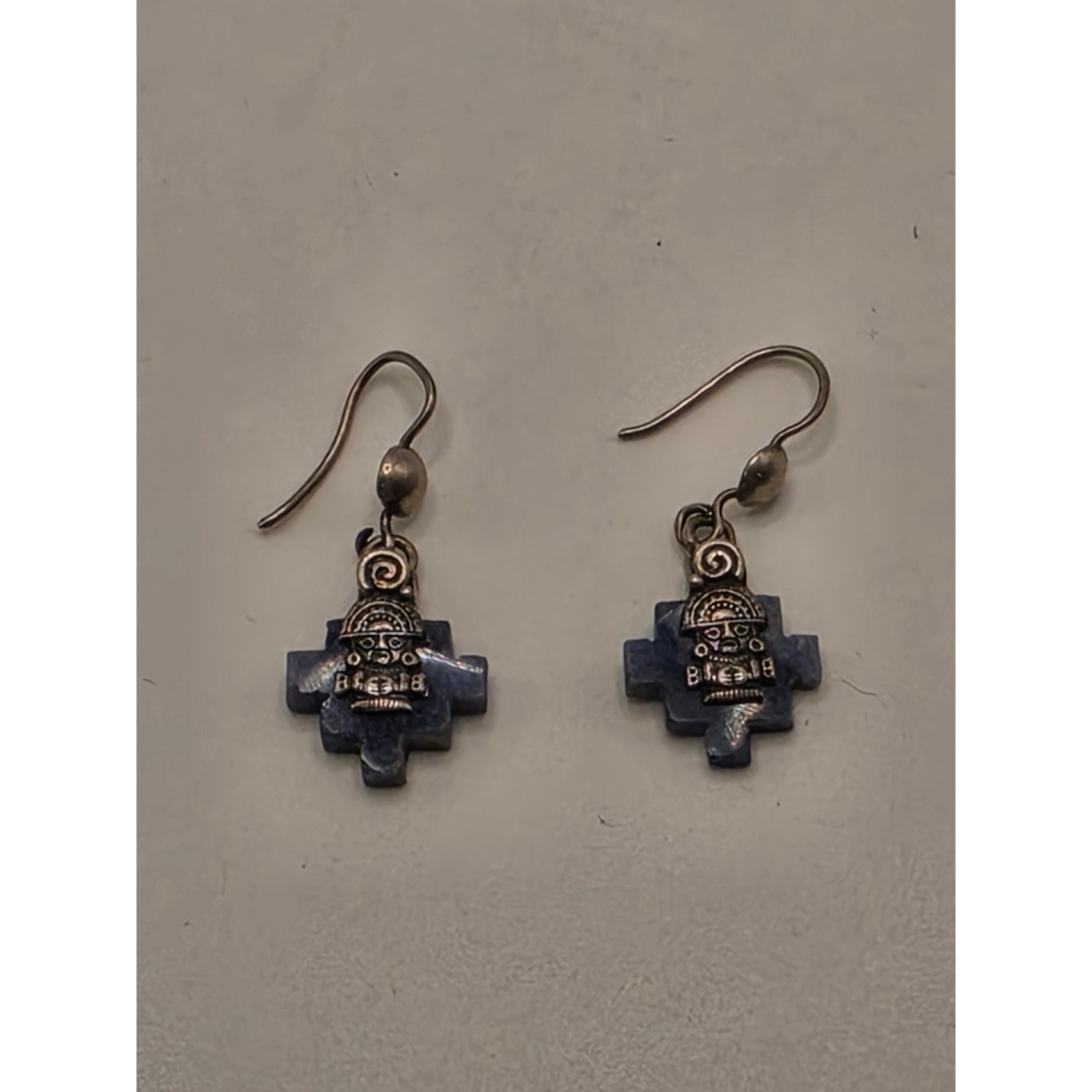 Peruvian 950 Silver Sodalite Chakana Inca Cross Tumi Drop Earrings Blue Stone