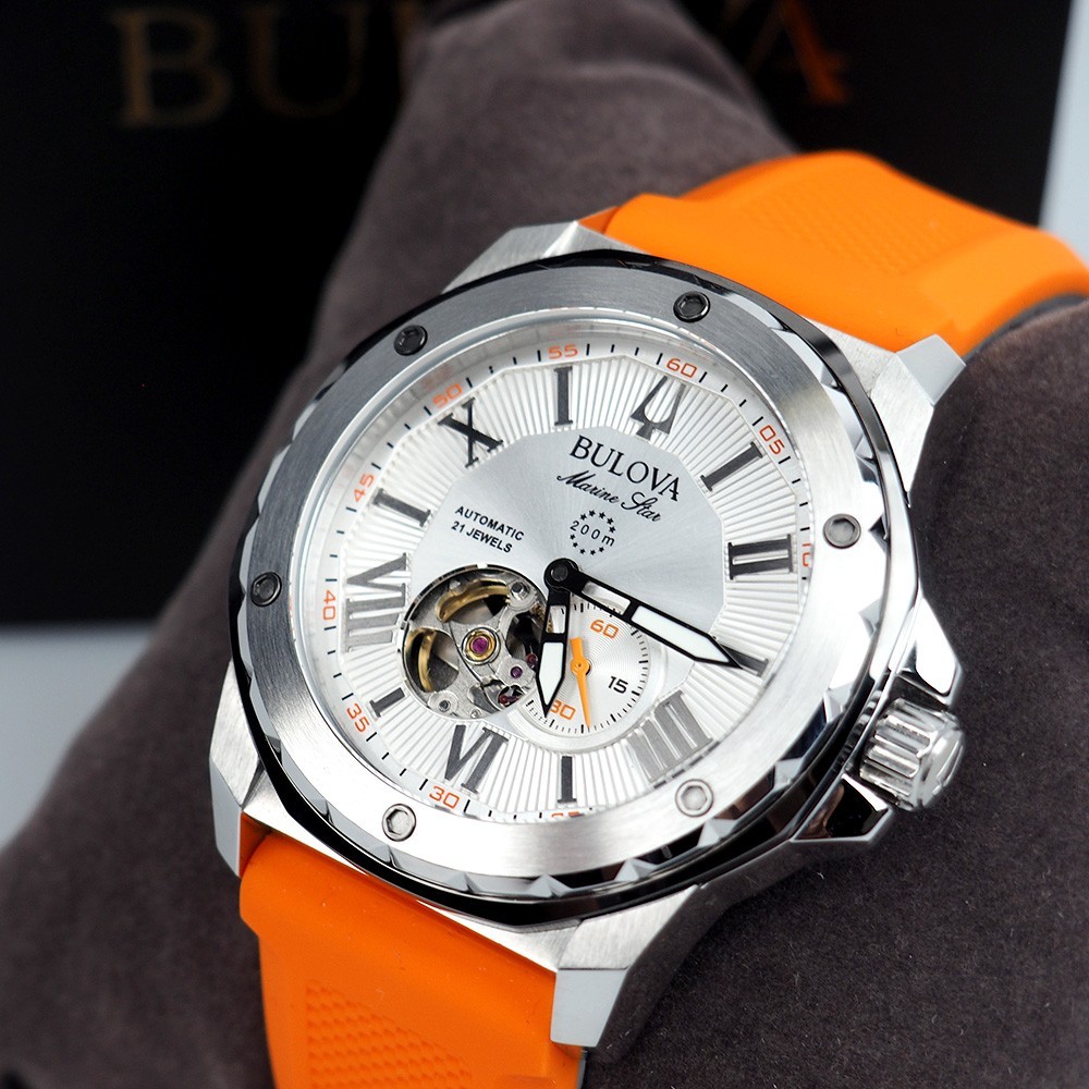 Bulova 98A226 Marine Star Orange Silicone Strap Men’s Automatic Watch 44 mm