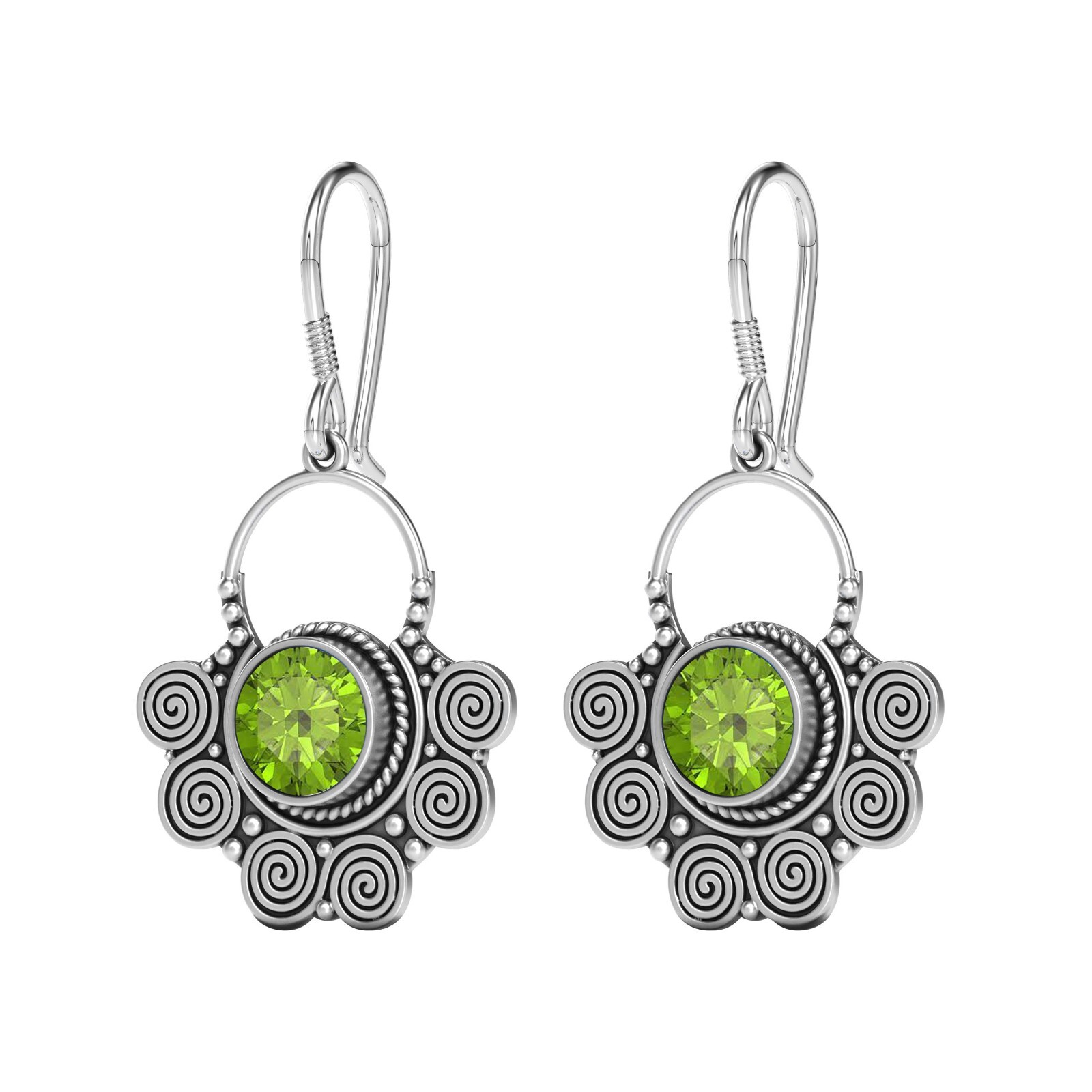 Solid 925 Sterling Silver Round Shape Peridot Gemstone Women Earrings