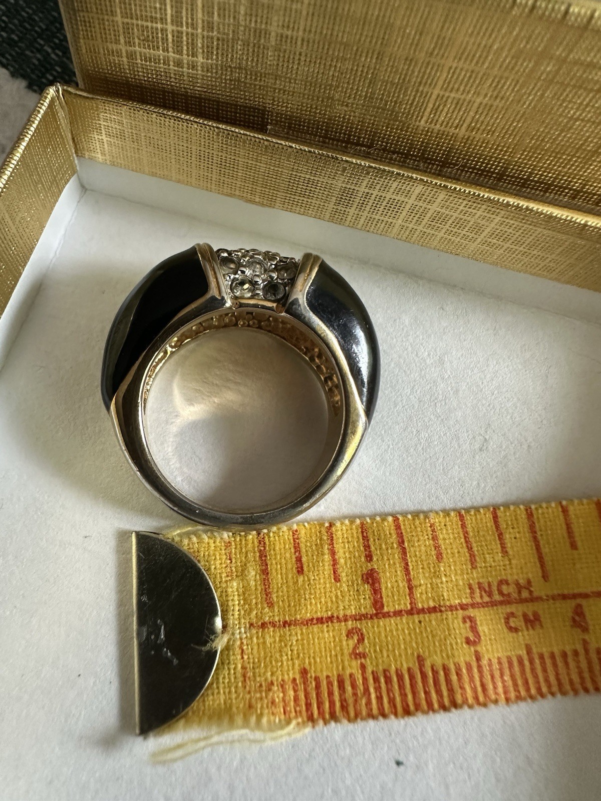 Black Enamel Dome Band Ring Clear Crystals Signed, Size 6.5 Vintage