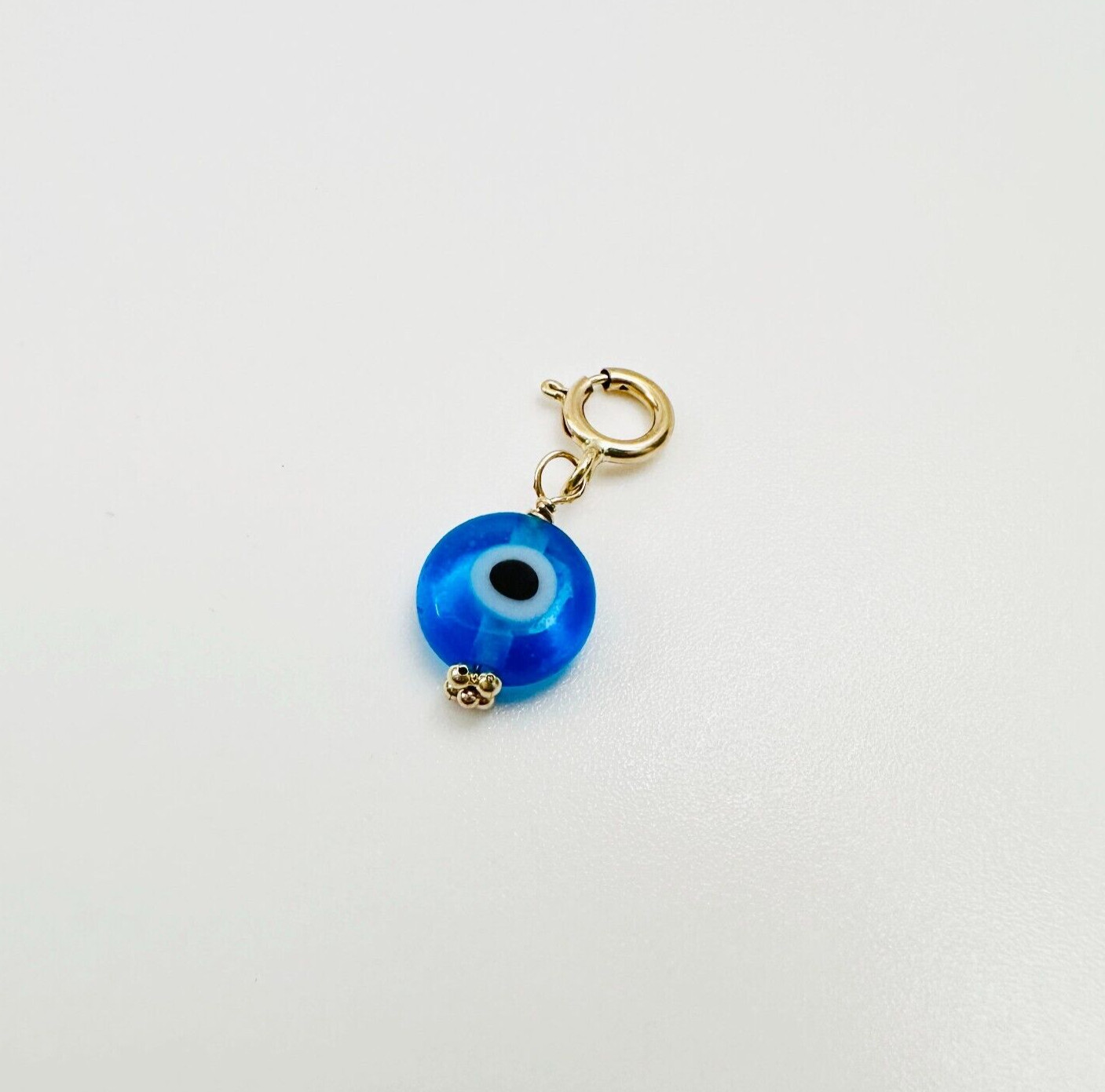 14K Solid Yellow Gold Millefiori Glass Blue Evil Eye Charm Pendant Spring Clasp