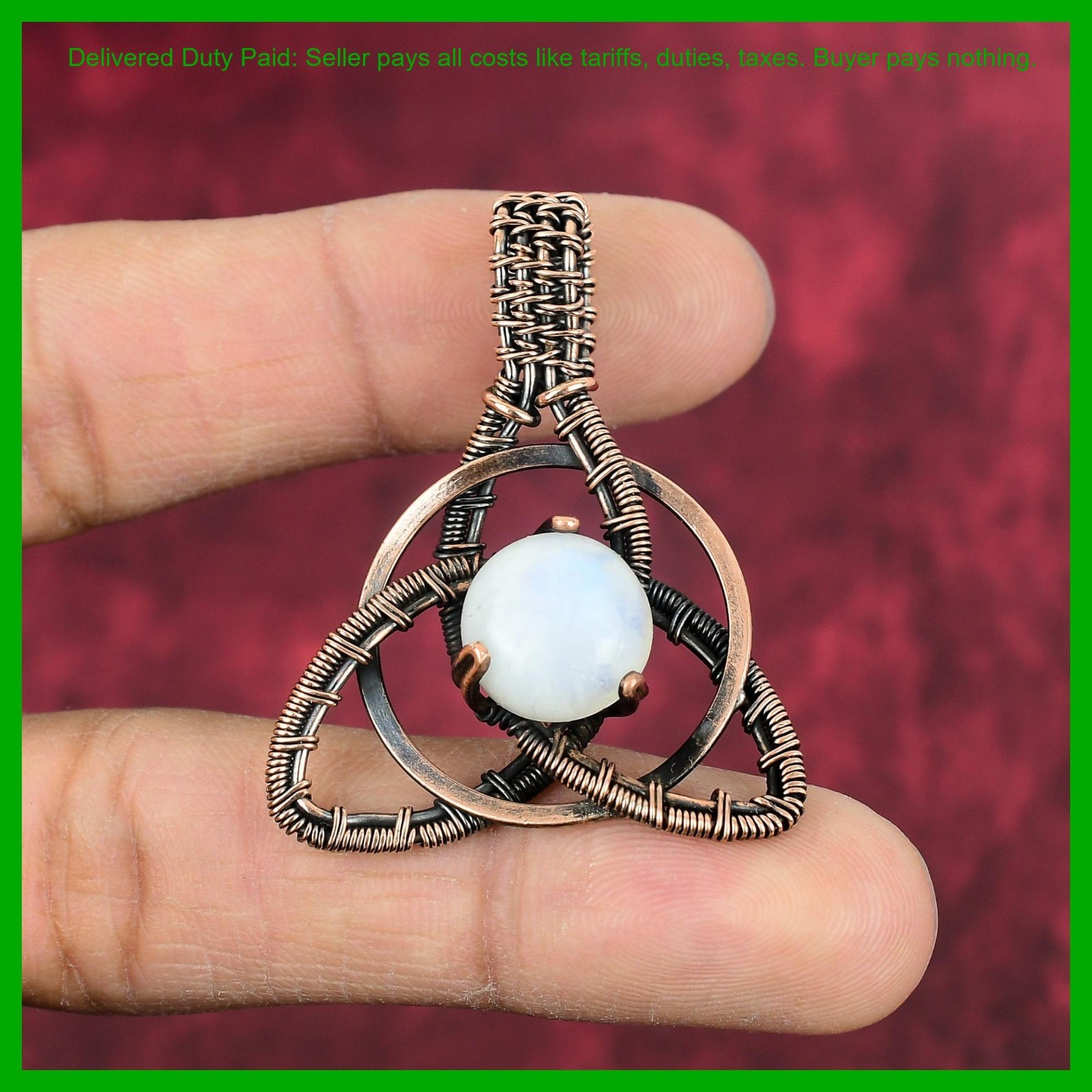 Copper Rainbow Moonstone Gemstone Wire Wrapped Artisan Elegant Wife Gift Pendant