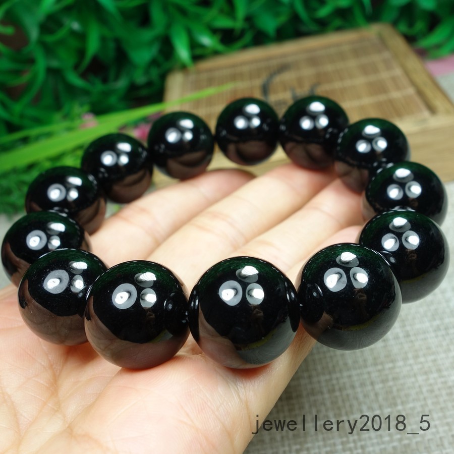 Certified Black Green Burma 100% natural A jadeite jade Bead Bracelets墨翠18mm圆珠手链