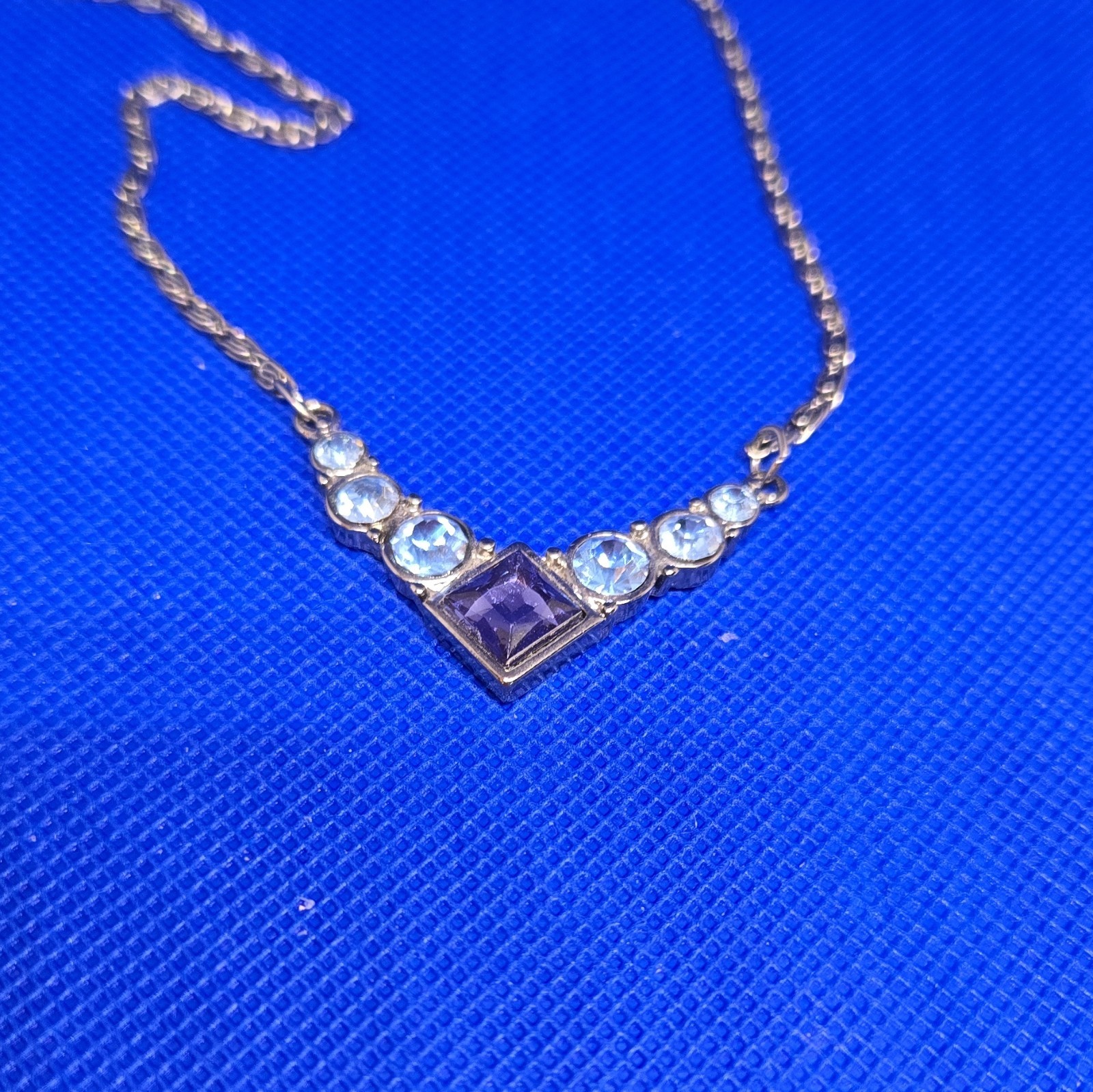 Gold-Tone V Pendant Necklace w/ Square Purple Crystal & Rhinestones Cable Chain