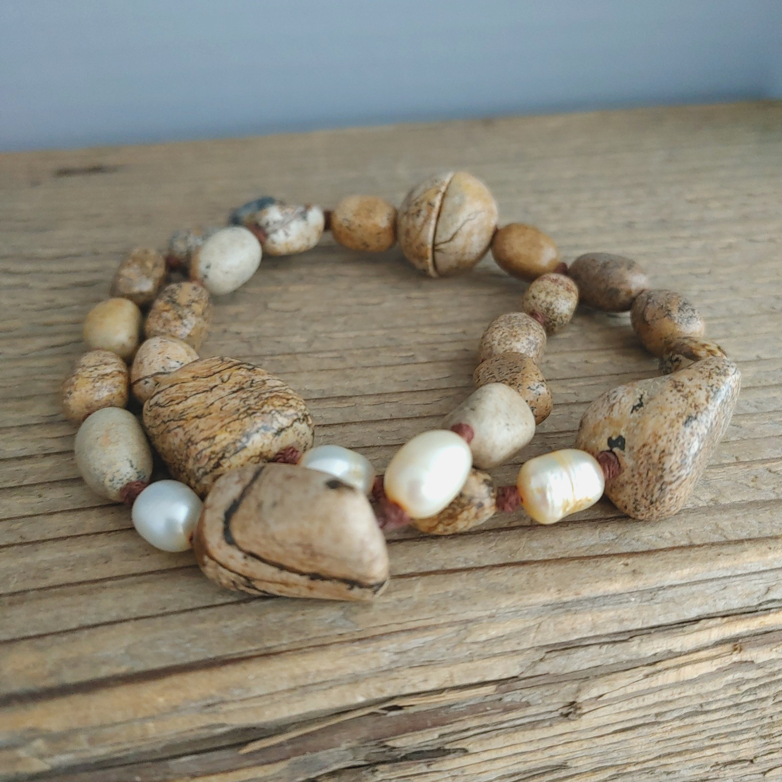 Jasper Stone Freshwater Pearl Bracelet 2 Strands Knotted Magnetic Clasp 8.5”