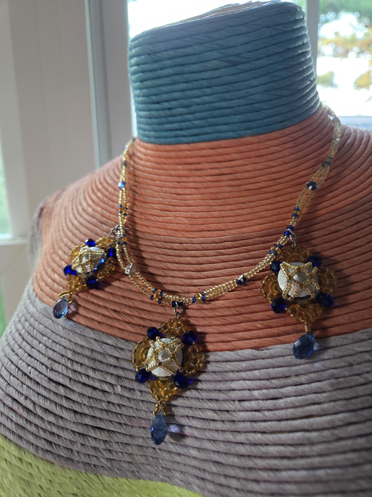 Vintage Artisian Art Deco Necklace & Earrings Blue Gold Silver Artsy Beauty