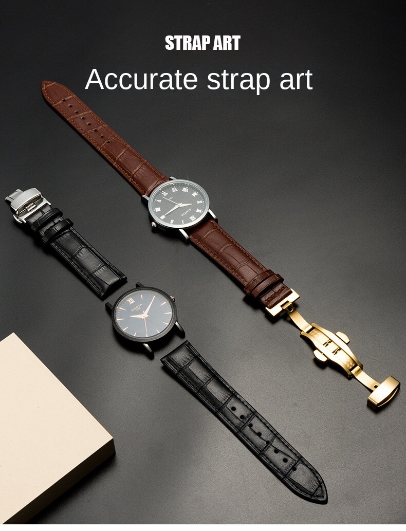 High Quality Cowhide Genuine Leather Watch Straps Butterfly Clasp Band 12-24mm
