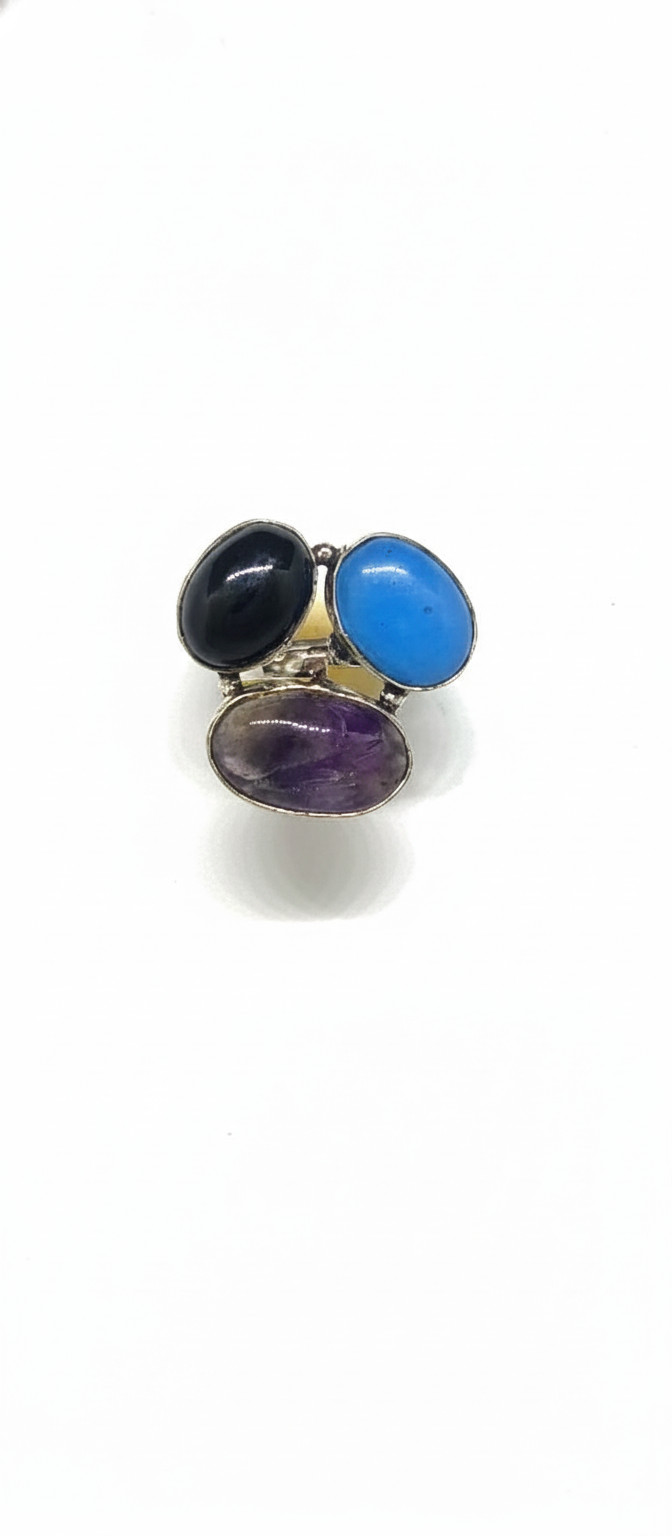 925 Sterling Silver Black Onyx ,Amethyst Saga .Blue Opal Gemstone Ring Size 6″