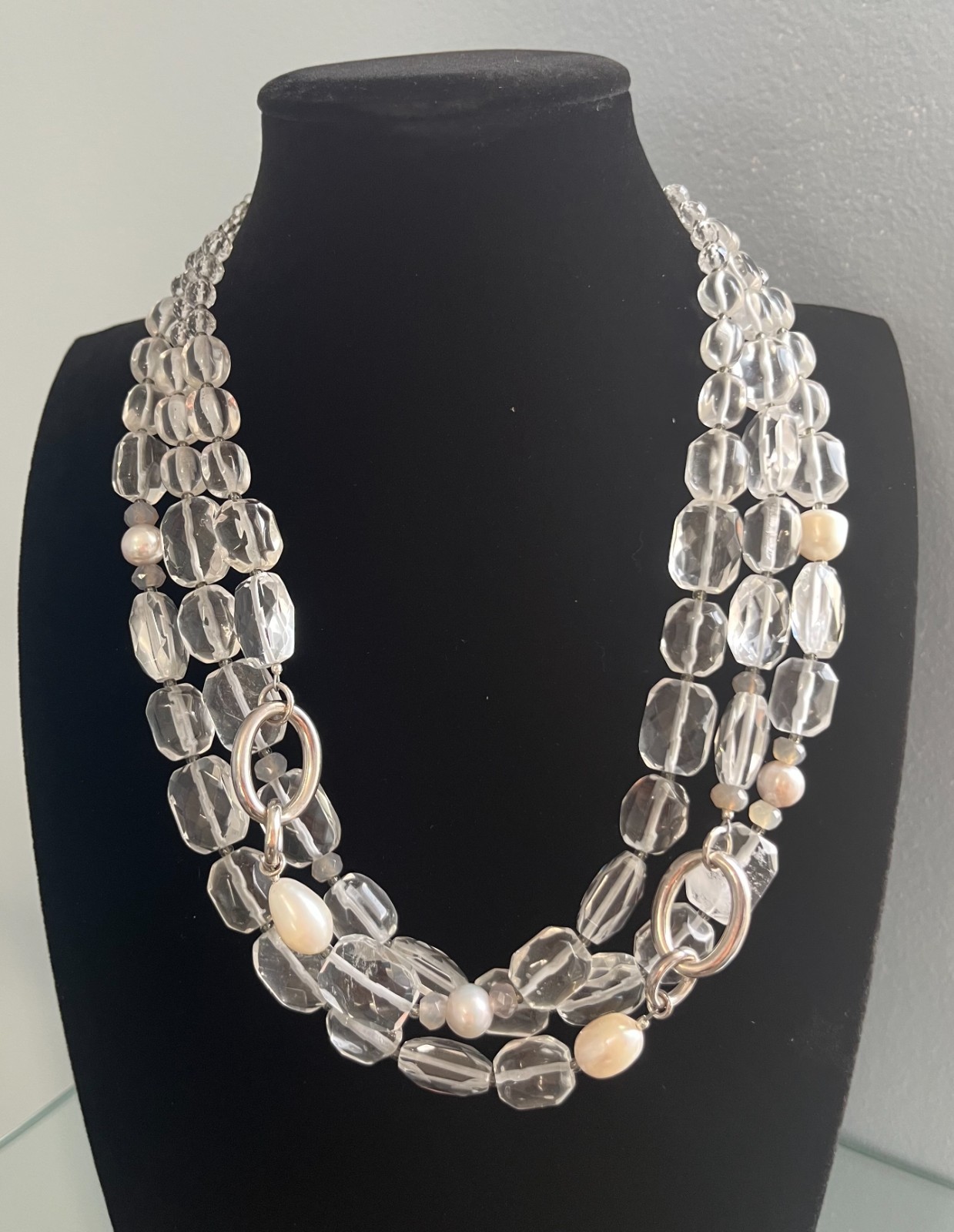 Retired Silpada “White Heat” N1789 3-Strand Sterling Silver Quartz Pearl Necklac