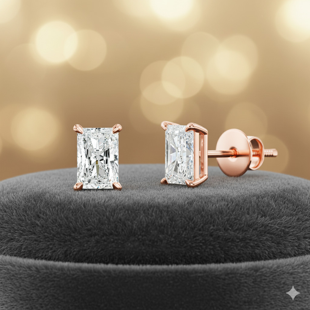 14k Rose Gold Earrings Diamond Studs Radiant Cut 1 Carat Lab Created For Women