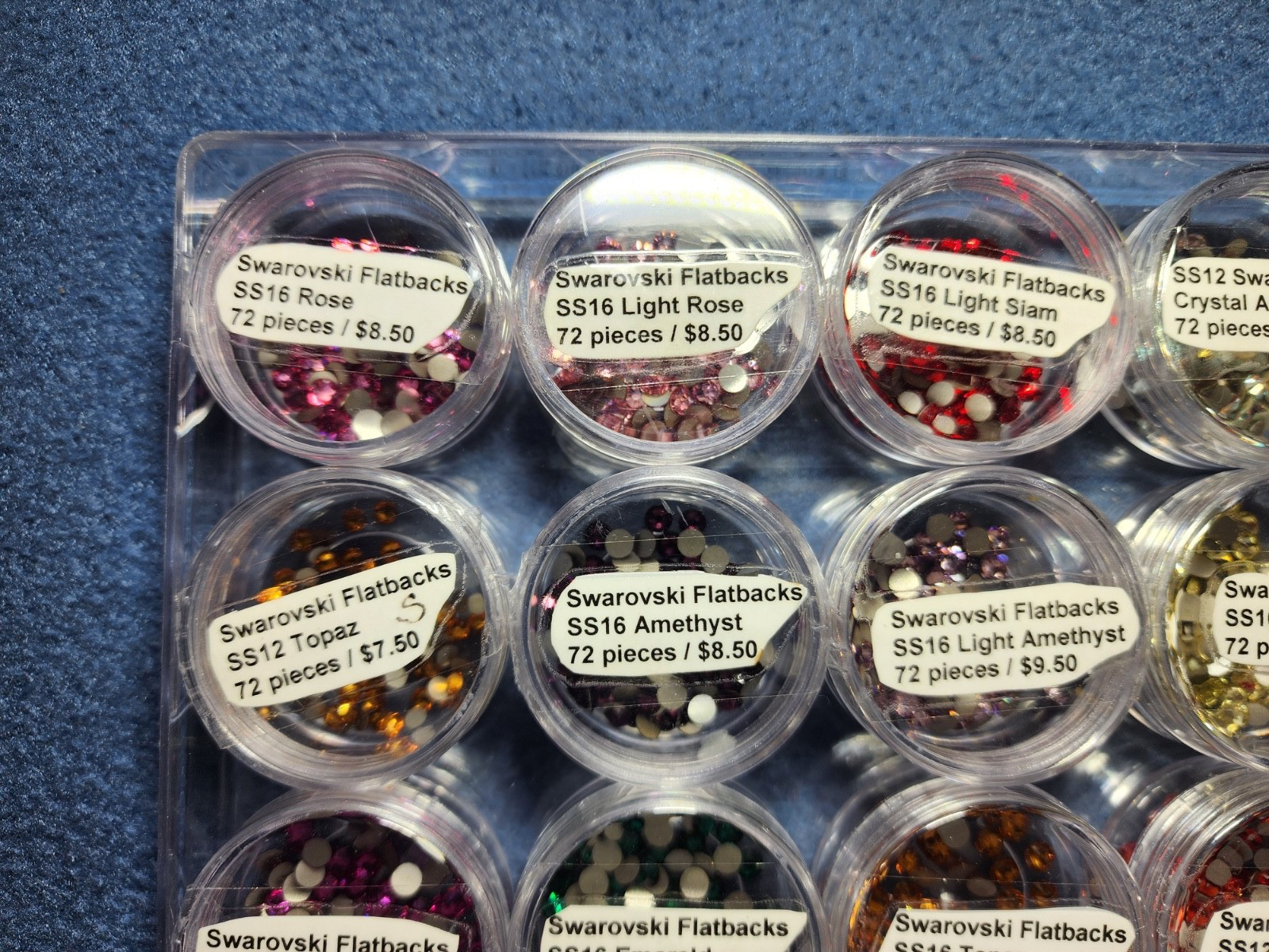 Huge Swarovski Flatback Crystal Lot 28 Jars 1400+ Pieces SS12 SS16 + Pearls