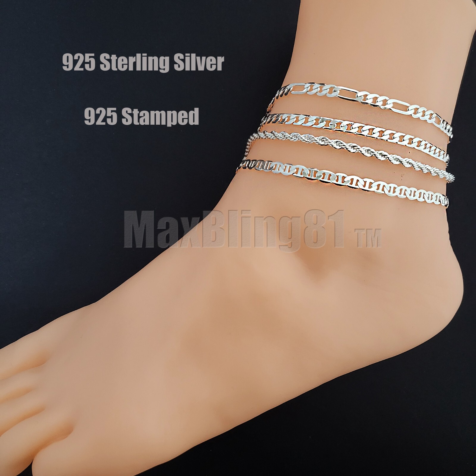 925 STERLING SILVER CUBAN FIGARO MARINA ROPE CHAIN 10″ FASHION ANKLET BRACELET