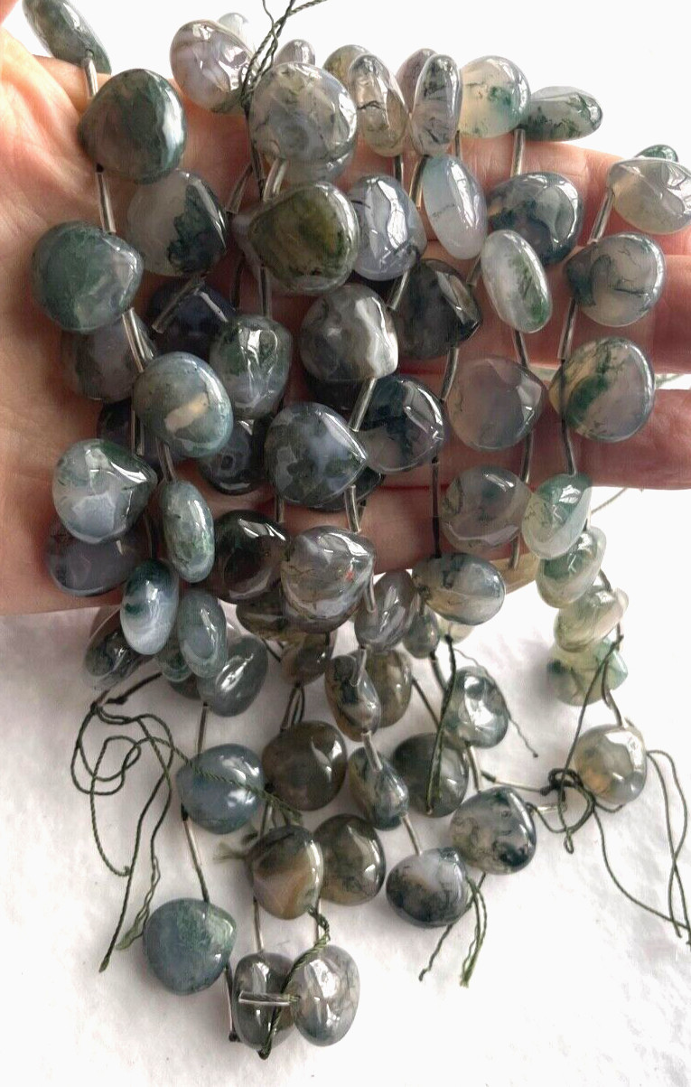 GENUINE SMOOTH TEARDROP MOSS AGATE 15X15 MM 12 PCS EACH STRAND BELOW WHOLESALE