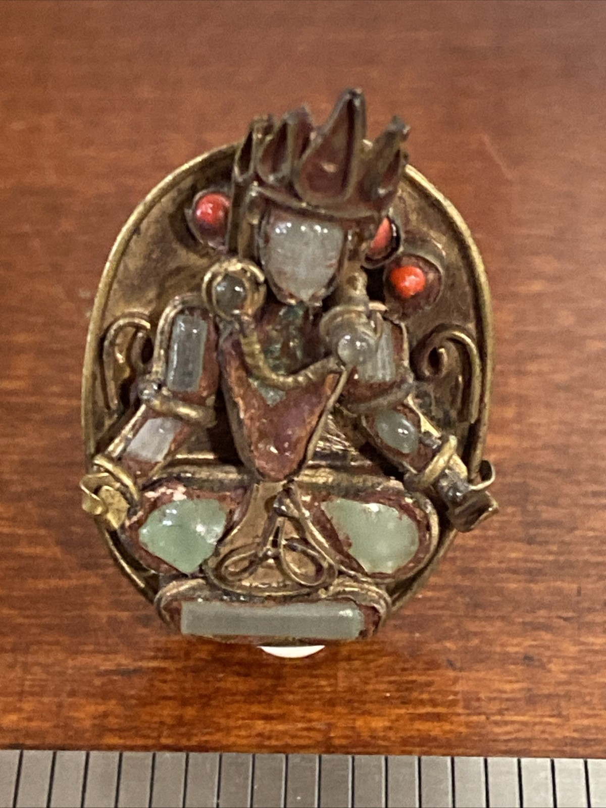 Nepal Carved Face Sitting Deity Cuff links Unisex Glass Figural Brass Artisan