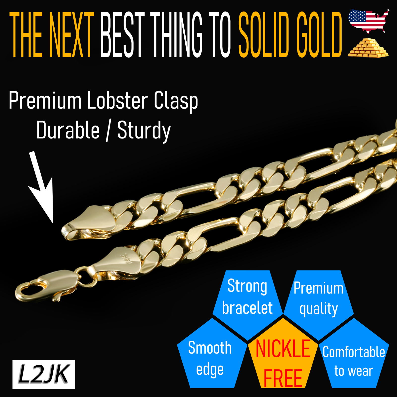 Figaro Chain Bracelet 9mm 8.5″ 14K Gold Plated Hip Hop Jewelry Men’s Fashion
