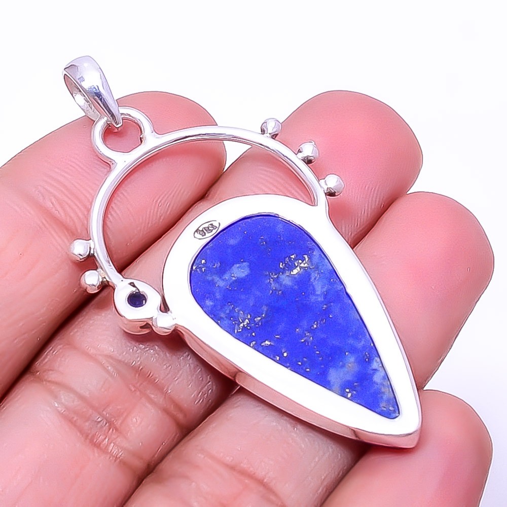 Lapis Lazuli – Afghanistan & Blue Sapphire Simulated 925 Silver Pendant 2.15″ P5