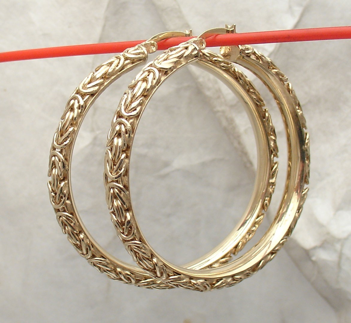 Technibond Framed Byzantine Chain Hoop Earrings 14K Yellow Gold Plated Silver