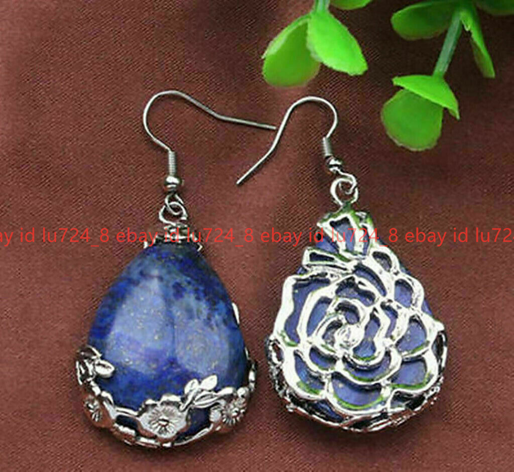 Tibet 925 Silver Drop Lapis Lazuli Flowers Gemstone Hook Earrings Jewelry