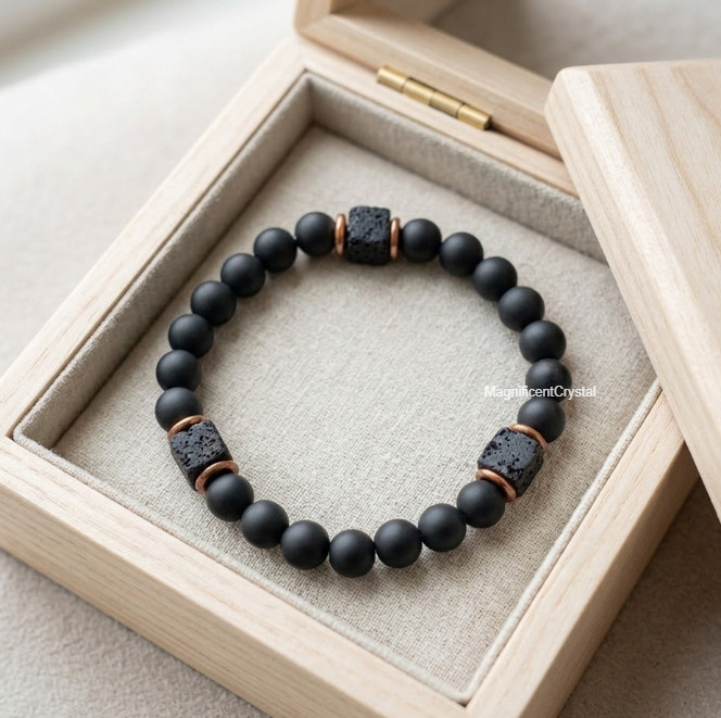 Premium Men’s Matte Black Onyx & Lava Rock Cube Bead Stretch Bracelet Healing