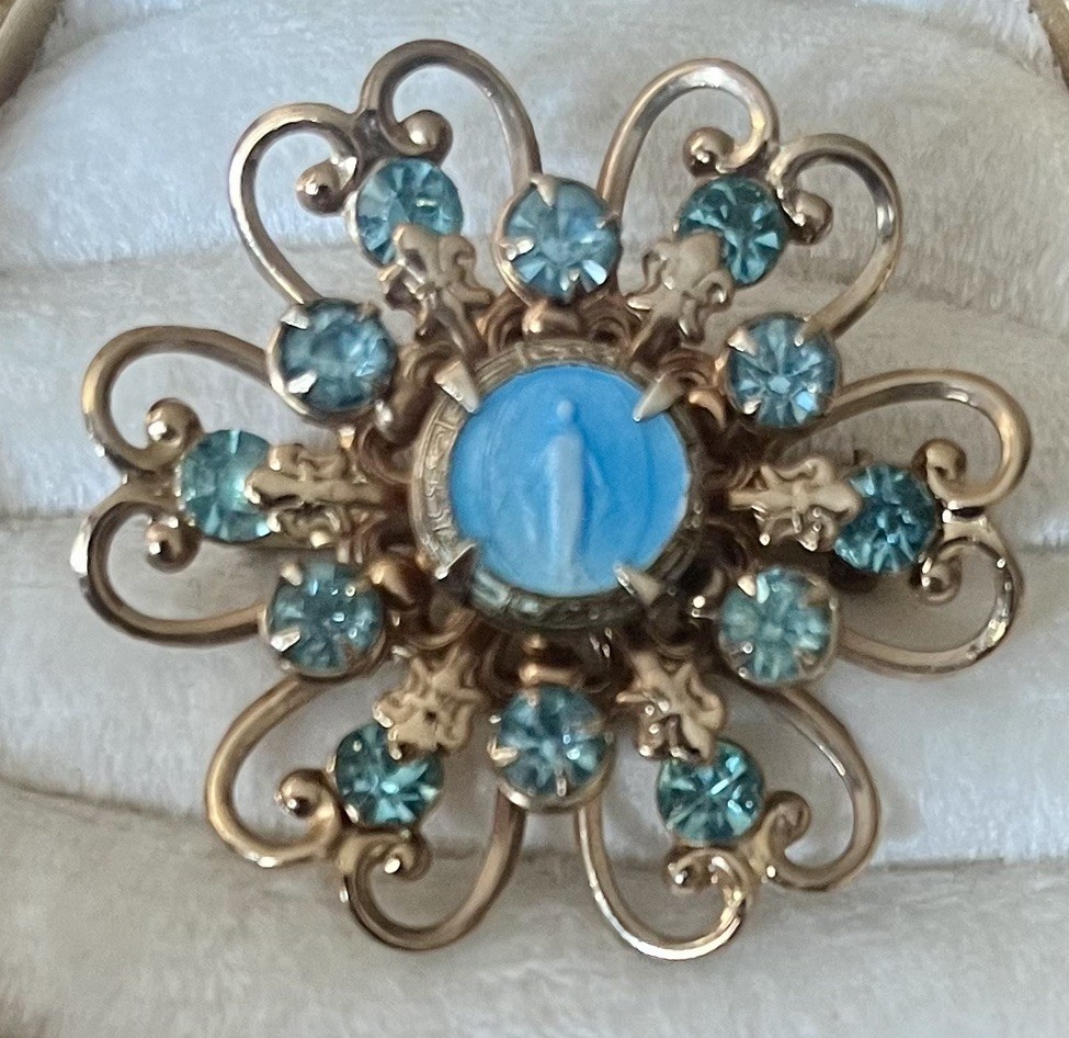 Vintage Mary Brooch Immaculate Conception Blue Rhinestone Religious Vintage