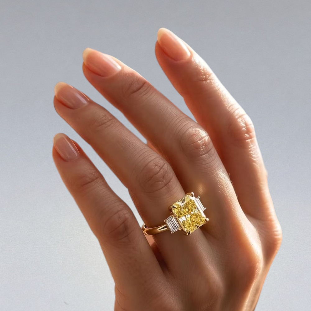 IGI Lab Created Diamond Ring Fancy Vivid Yellow 3.80 CT Radiant 18K Yellow Gold