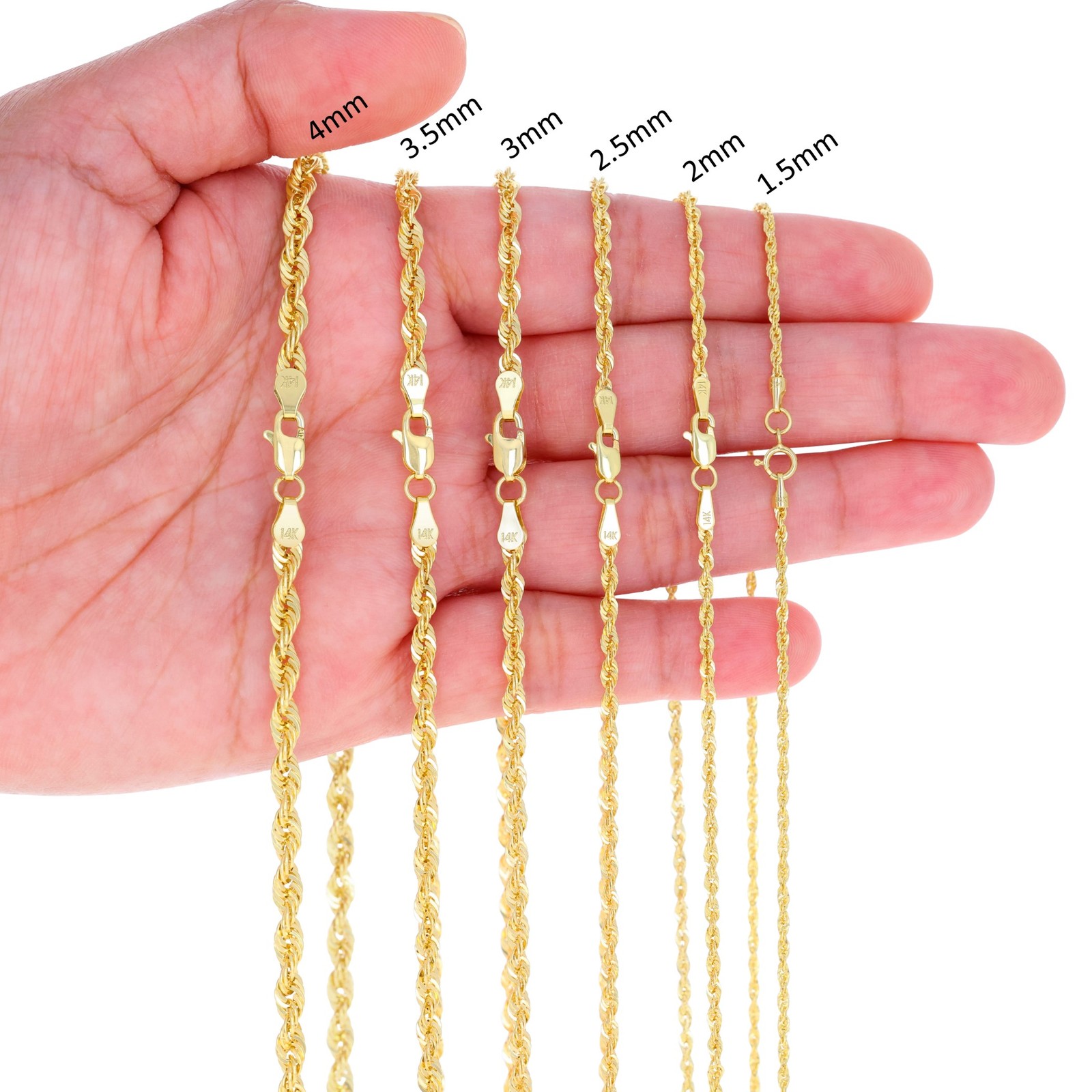 14K Yellow Gold 1mm-4mm Light Diamond Cut Rope Chain Necklace Men Women 16″- 30″