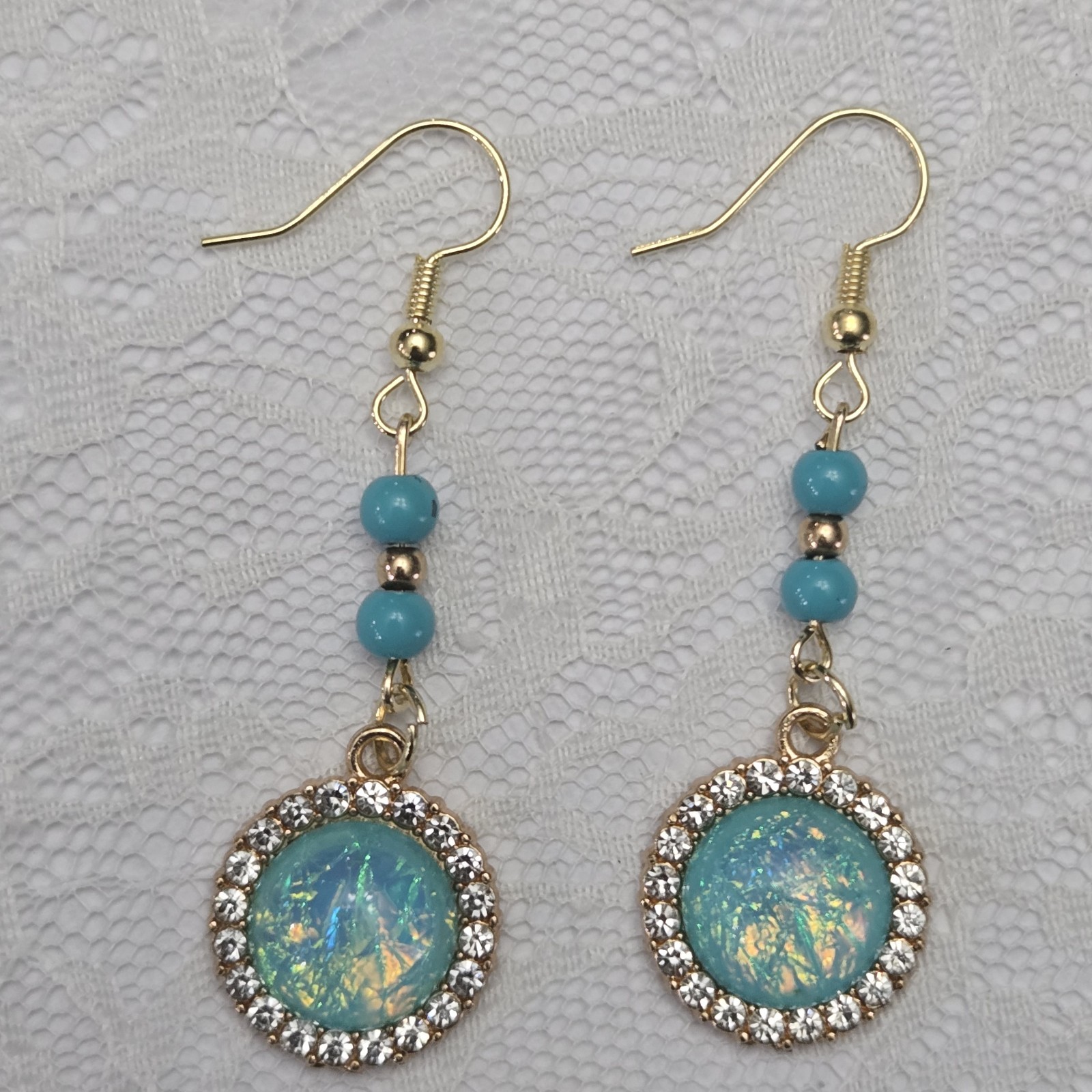 Earrings Gold Blue Beaded Dangle Drop Iridescent Center Glass Hook Fashion